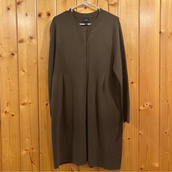 Eileen Fisher Silk Cotton Interlock Snap Long Cardigan Jacket Olive Green Size L - Picture 8 of 8